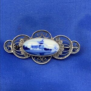 Blue and White Porcelain Scenic Brooch - Women's Jewelry